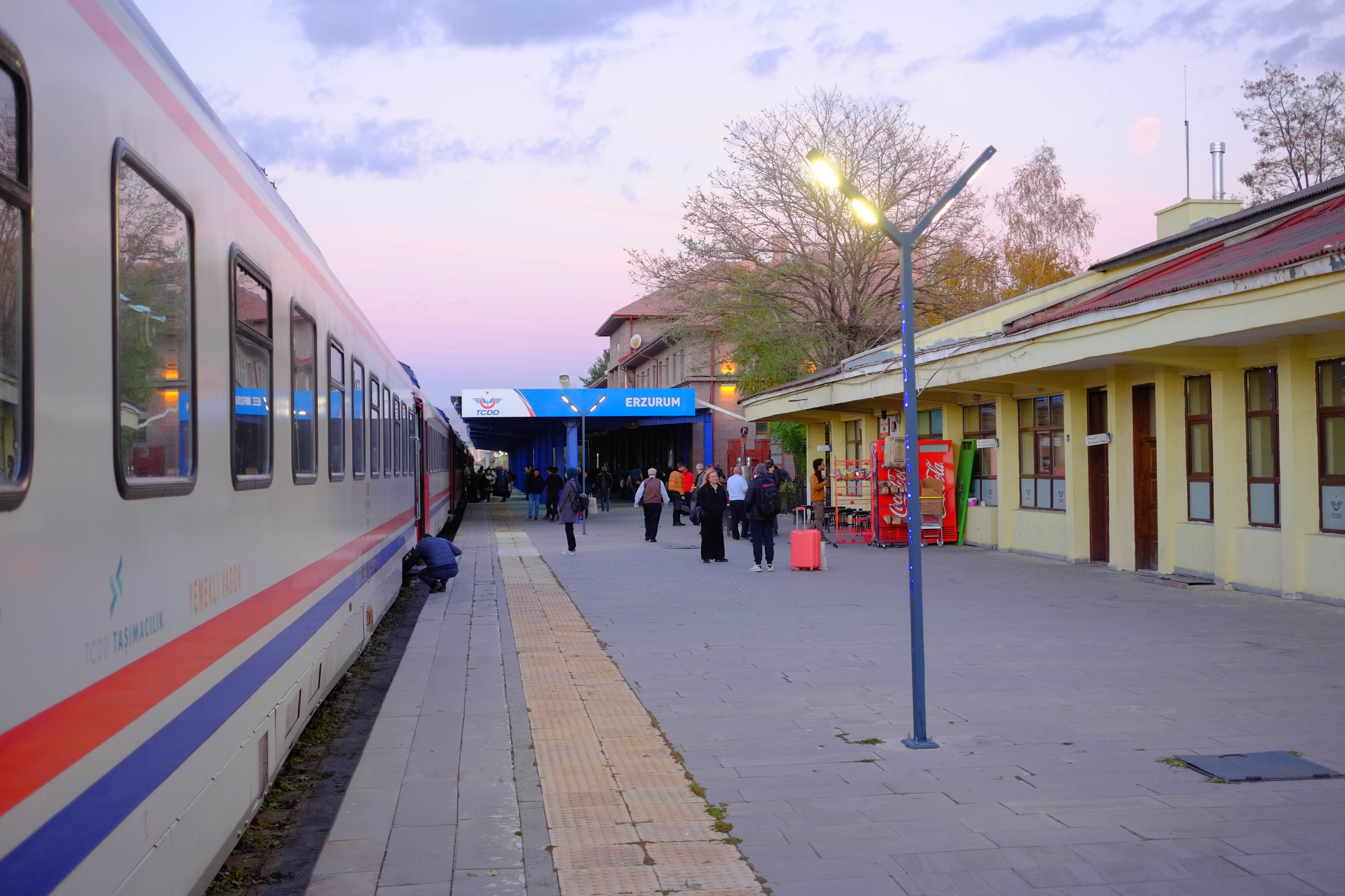 Turkish railways train stopped beside the platform